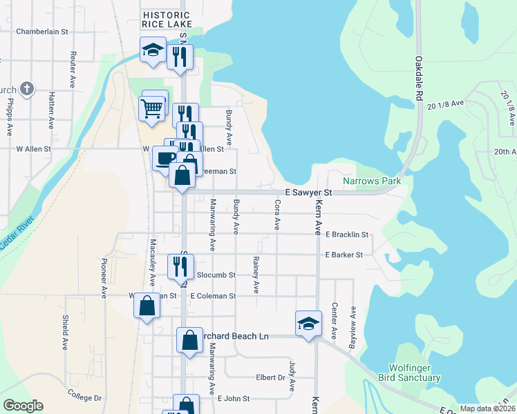 map of restaurants, bars, coffee shops, grocery stores, and more near 323 East Gates Street in Rice Lake