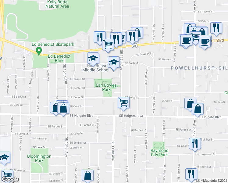 map of restaurants, bars, coffee shops, grocery stores, and more near 12882 Southeast Connor Lane in Portland
