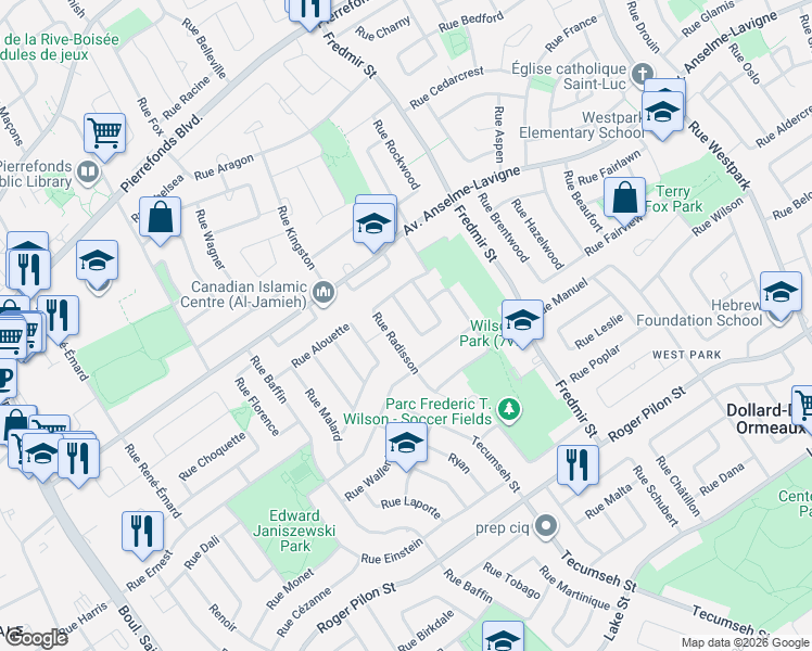 map of restaurants, bars, coffee shops, grocery stores, and more near 9 Rue Fleming in Dollard-des-Ormeaux