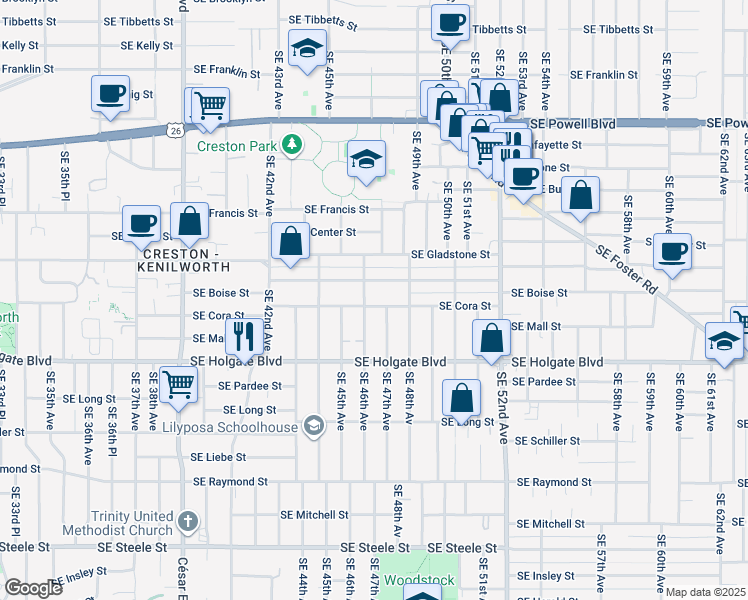 map of restaurants, bars, coffee shops, grocery stores, and more near 4611 Southeast Cora Street in Portland