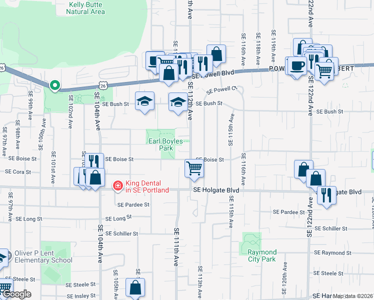 map of restaurants, bars, coffee shops, grocery stores, and more near 4121 Southeast 112th Avenue in Portland