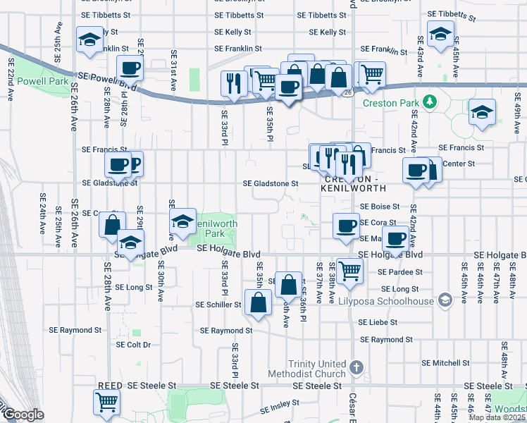 map of restaurants, bars, coffee shops, grocery stores, and more near 3423 Southeast Cora Drive in Portland