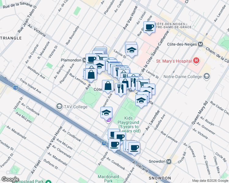 map of restaurants, bars, coffee shops, grocery stores, and more near 4860 Avenue Bourret in Montréal