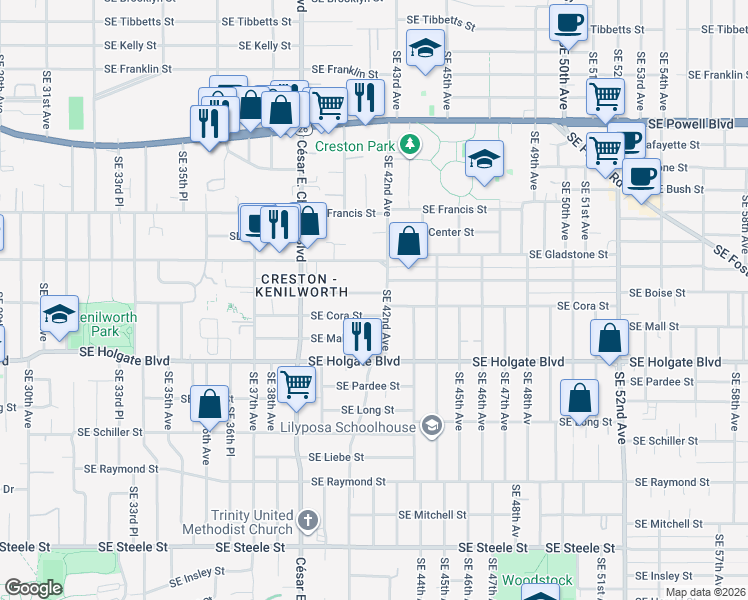 map of restaurants, bars, coffee shops, grocery stores, and more near 4241 Southeast 42nd Avenue in Portland