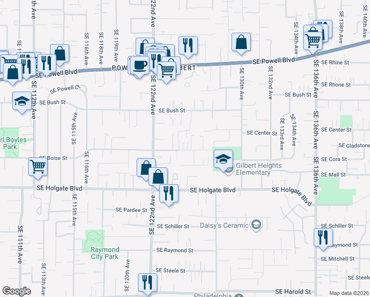map of restaurants, bars, coffee shops, grocery stores, and more near 12425 Southeast Boise Street in Portland