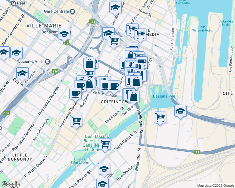 map of restaurants, bars, coffee shops, grocery stores, and more near in Montreal