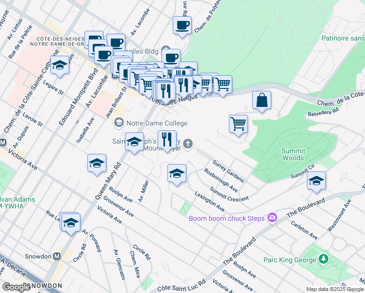 map of restaurants, bars, coffee shops, grocery stores, and more near 3800 Queen Mary Road in Montreal