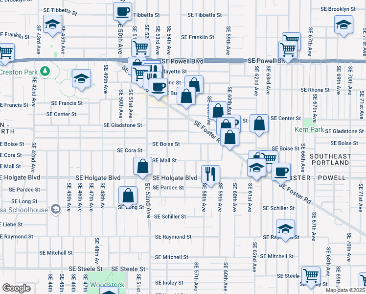 map of restaurants, bars, coffee shops, grocery stores, and more near 5530 Southeast Boise Street in Portland