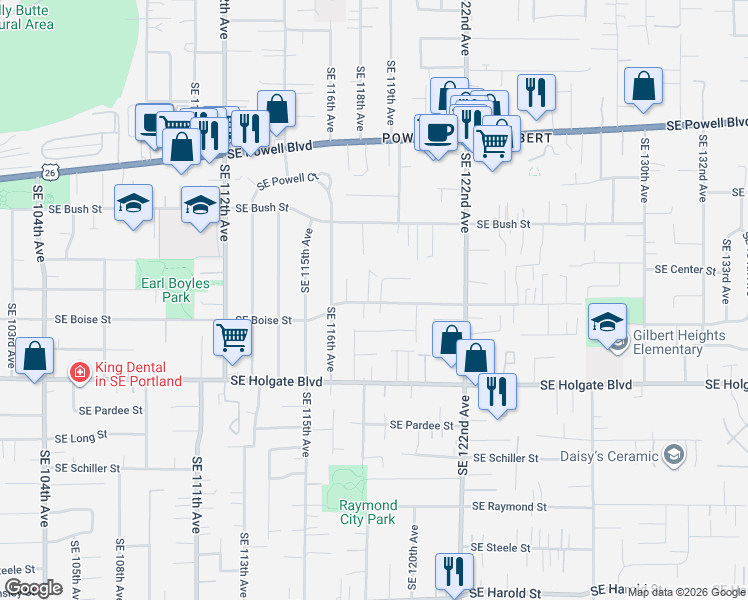 map of restaurants, bars, coffee shops, grocery stores, and more near 11769 Southeast Boise Street in Portland
