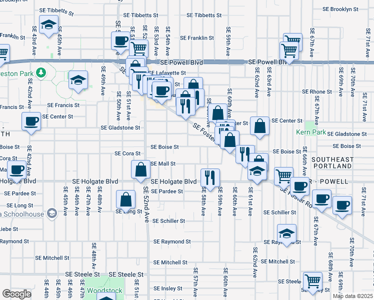map of restaurants, bars, coffee shops, grocery stores, and more near 5530 Southeast Boise Street in Portland