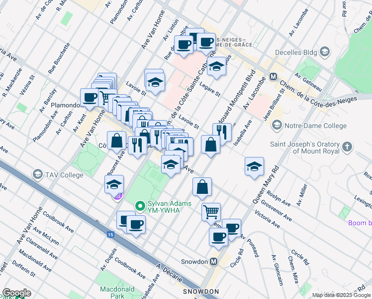 map of restaurants, bars, coffee shops, grocery stores, and more near 4755 Avenue Saint Kevin in Montreal