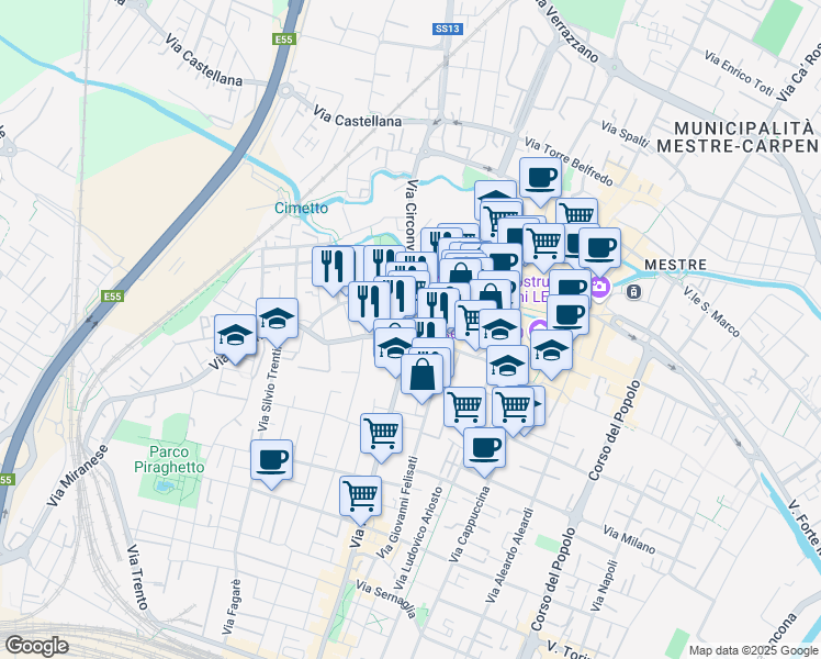 map of restaurants, bars, coffee shops, grocery stores, and more near 5 Via Circonvallazione in Venezia