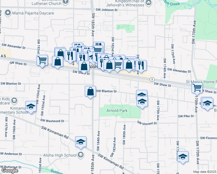 map of restaurants, bars, coffee shops, grocery stores, and more near 18265 Southwest Blanton Street in Beaverton