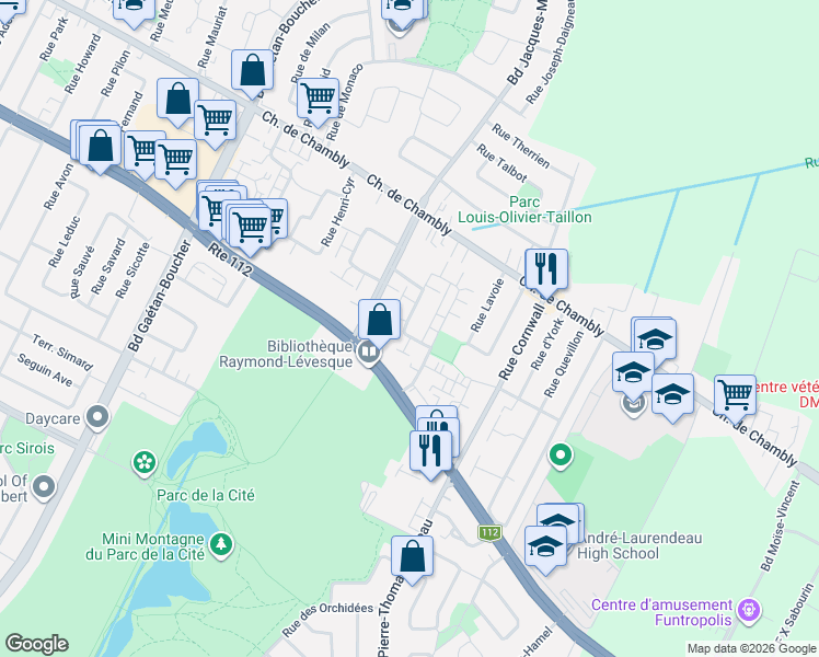 map of restaurants, bars, coffee shops, grocery stores, and more near 2293 Rue Racine in Longueuil