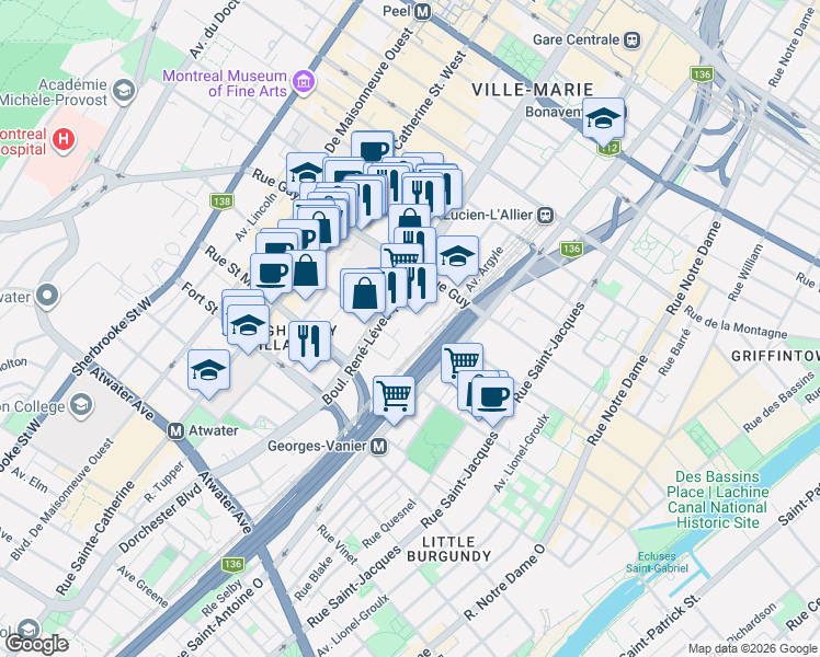 map of restaurants, bars, coffee shops, grocery stores, and more near 1055 Rue Saint Mathieu in Montréal