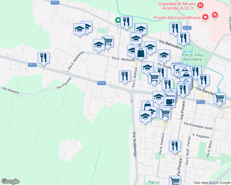 map of restaurants, bars, coffee shops, grocery stores, and more near 14 Via del Carnio in Mirano