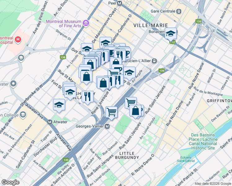 map of restaurants, bars, coffee shops, grocery stores, and more near 1050 Avenue Amesbury in Montrã©Al