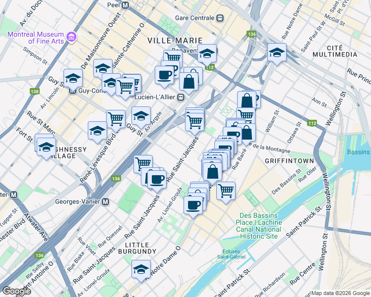 map of restaurants, bars, coffee shops, grocery stores, and more near 1485 Rue Saint-Jacques in Montréal