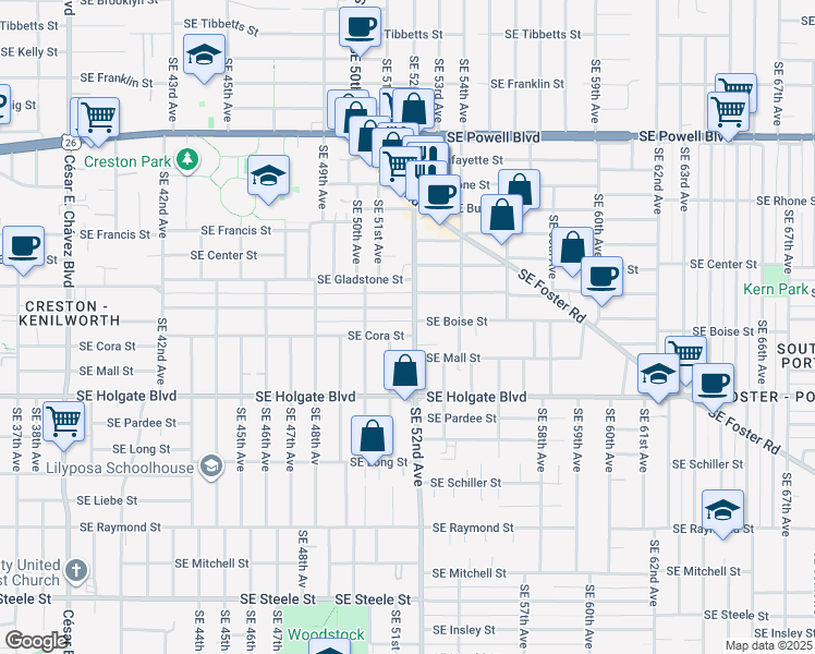 map of restaurants, bars, coffee shops, grocery stores, and more near 5100 Southeast Cora Street in Portland