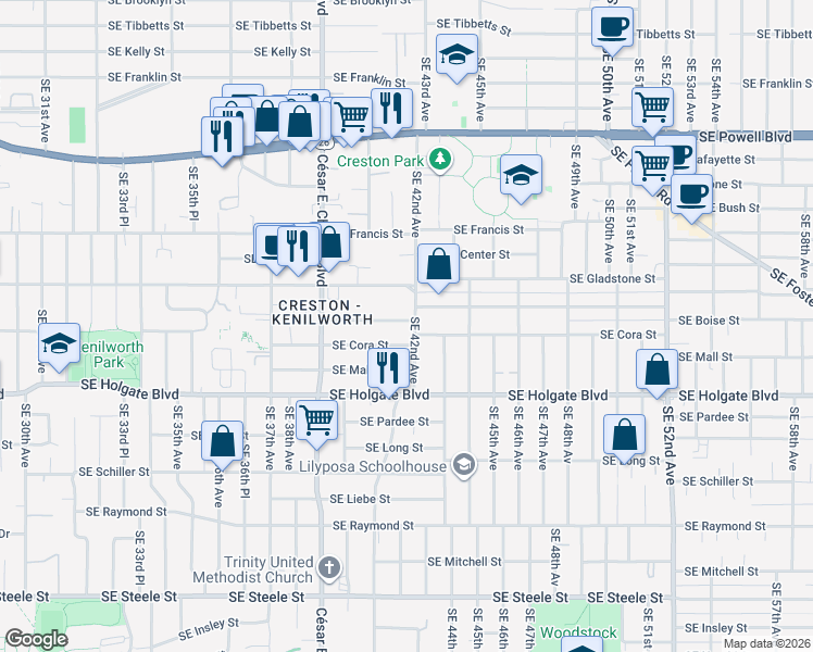 map of restaurants, bars, coffee shops, grocery stores, and more near 4241 Southeast 42nd Avenue in Portland