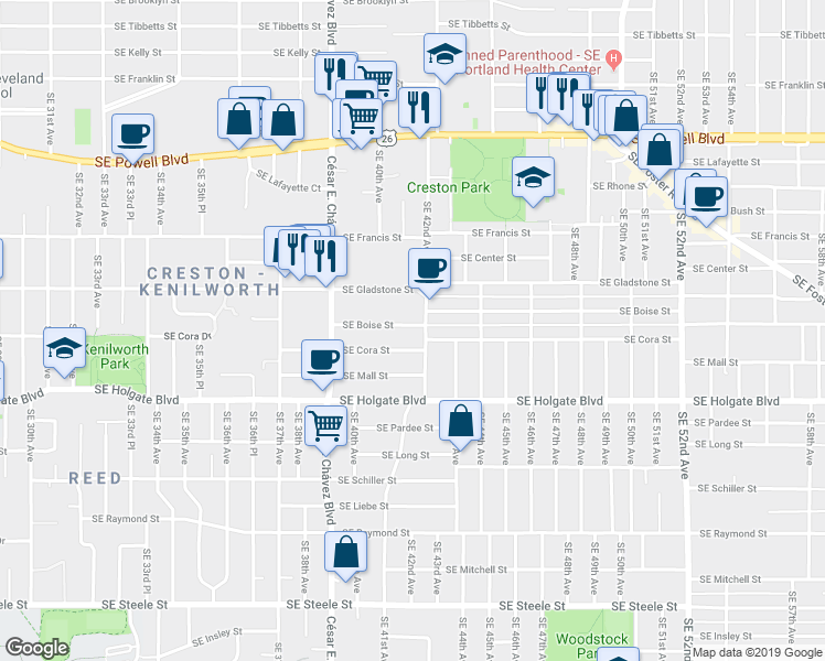 map of restaurants, bars, coffee shops, grocery stores, and more near 4241 Southeast 42nd Avenue in Portland