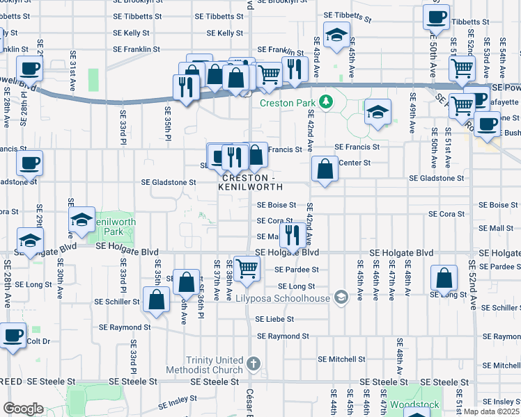 map of restaurants, bars, coffee shops, grocery stores, and more near 3934 Southeast Boise Street in Portland