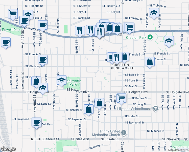 map of restaurants, bars, coffee shops, grocery stores, and more near 3423 Southeast Cora Drive in Portland
