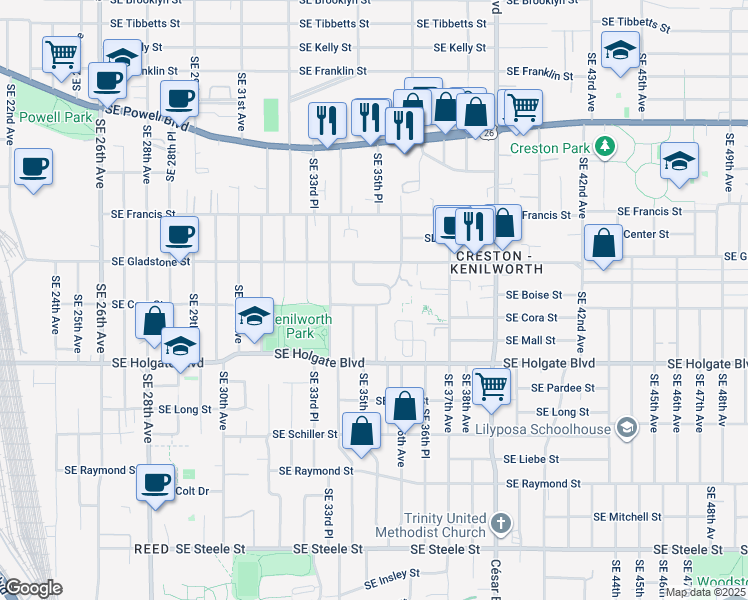 map of restaurants, bars, coffee shops, grocery stores, and more near 3423 Southeast Cora Drive in Portland