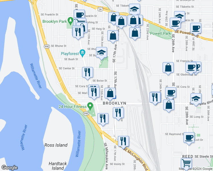 map of restaurants, bars, coffee shops, grocery stores, and more near in Portland