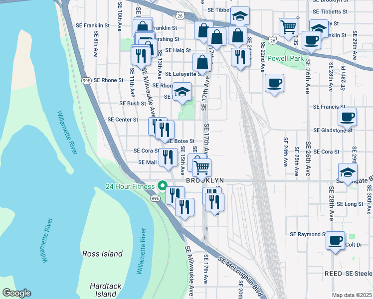 map of restaurants, bars, coffee shops, grocery stores, and more near 4305 Southeast 15th Avenue in Portland
