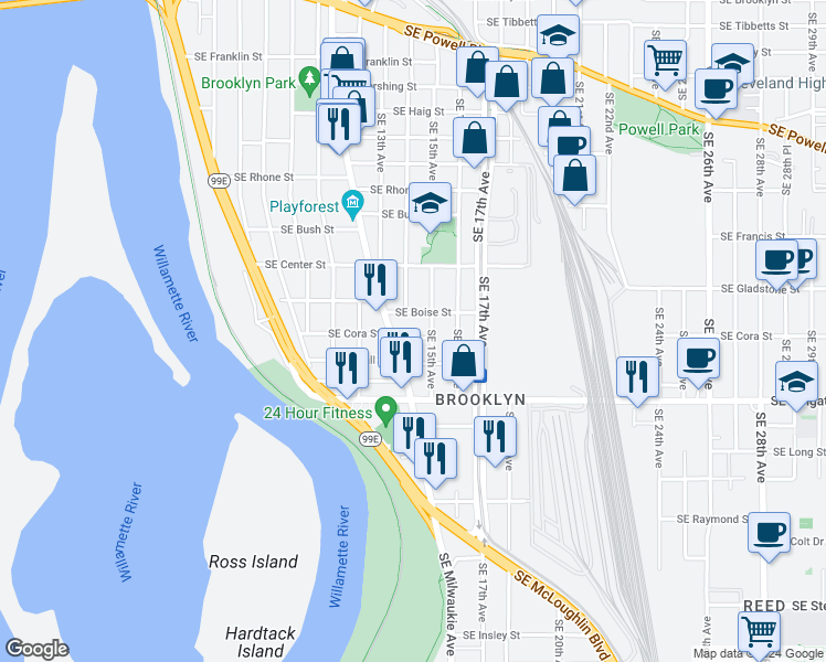 map of restaurants, bars, coffee shops, grocery stores, and more near 4305 Southeast 15th Avenue in Portland