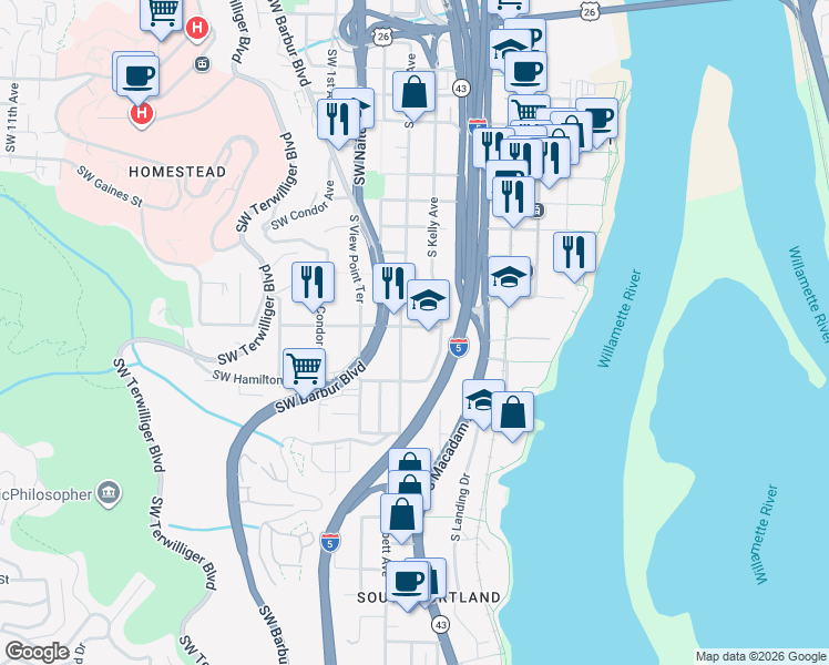 map of restaurants, bars, coffee shops, grocery stores, and more near 110 Southwest Bancroft Street in Portland