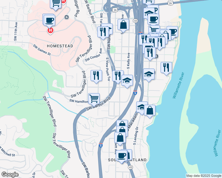 map of restaurants, bars, coffee shops, grocery stores, and more near 4320 Southwest View Point Terrace in Portland