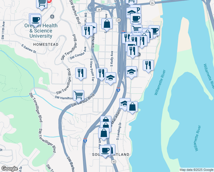 map of restaurants, bars, coffee shops, grocery stores, and more near 4320 South Corbett Avenue in Portland