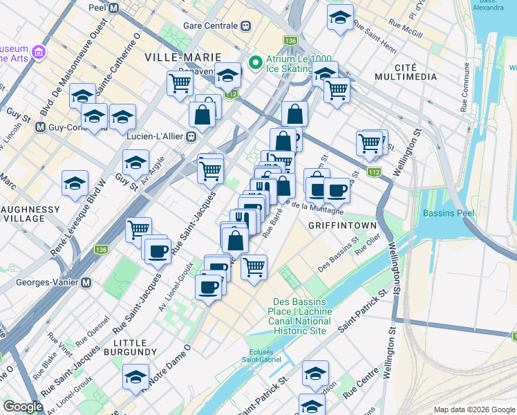 map of restaurants, bars, coffee shops, grocery stores, and more near 1371 Rue Notre-Dame Ouest in Montréal