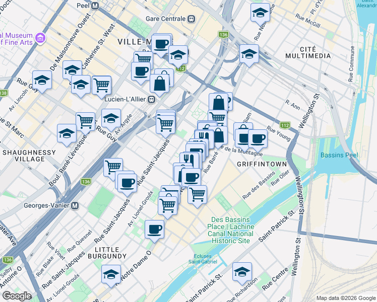 map of restaurants, bars, coffee shops, grocery stores, and more near 1395 Rue Victor-Hugo in Montréal