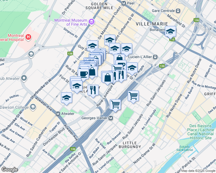 map of restaurants, bars, coffee shops, grocery stores, and more near 1819 Boulevard René-Lévesque Ouest in Montréal