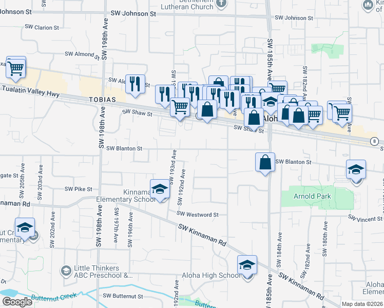 map of restaurants, bars, coffee shops, grocery stores, and more near 19100 Southwest Blanton Street in Beaverton