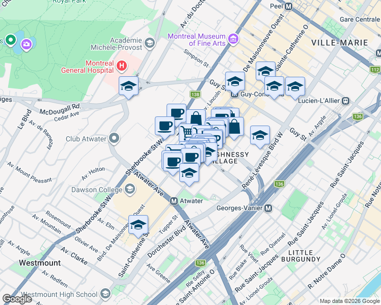 map of restaurants, bars, coffee shops, grocery stores, and more near 2070 Boulevard De Maisonneuve Ouest in Montreal