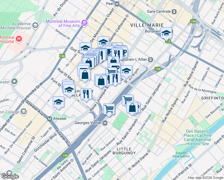 map of restaurants, bars, coffee shops, grocery stores, and more near 1055 Rue Saint Mathieu in Montréal