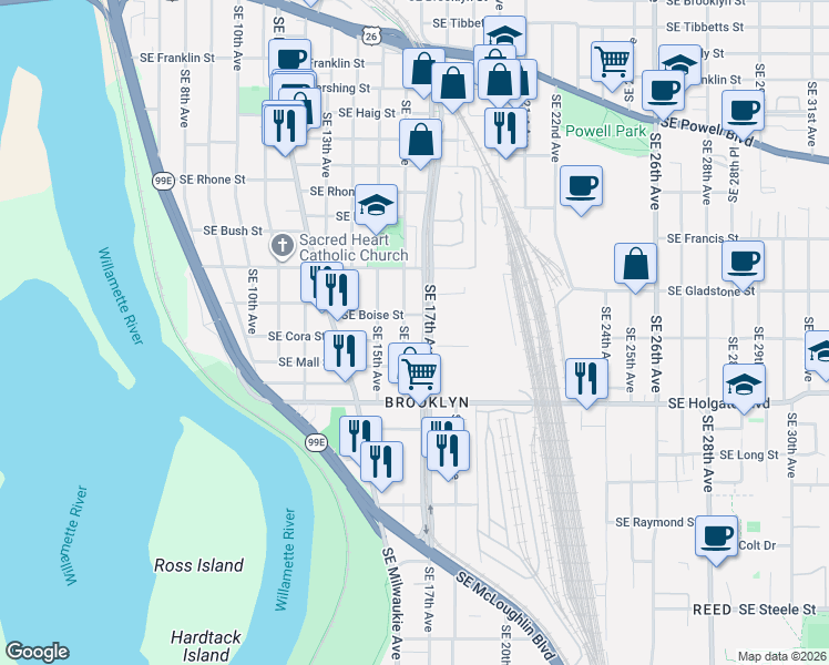 map of restaurants, bars, coffee shops, grocery stores, and more near 4224 Southeast 16th Avenue in Portland