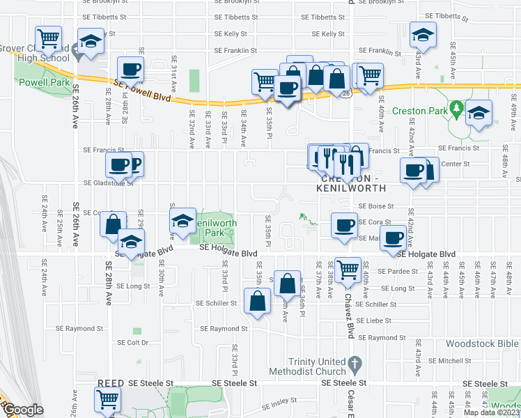 map of restaurants, bars, coffee shops, grocery stores, and more near 3419 Southeast Cora Drive in Portland