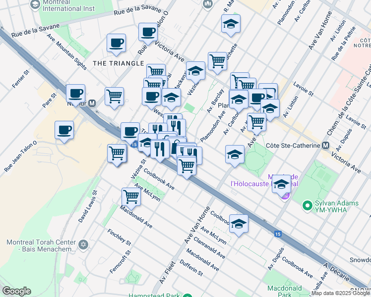 map of restaurants, bars, coffee shops, grocery stores, and more near 6550 Avenue Mountain Sights in Montréal