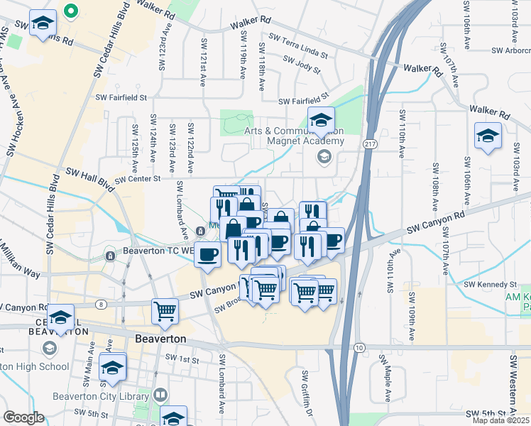 map of restaurants, bars, coffee shops, grocery stores, and more near 3840 Southwest 117th Avenue in Beaverton