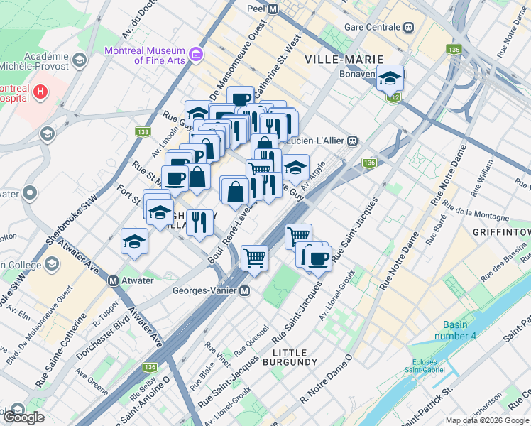 map of restaurants, bars, coffee shops, grocery stores, and more near 1055 Rue Saint Mathieu in Montréal