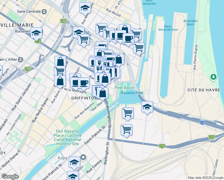 map of restaurants, bars, coffee shops, grocery stores, and more near 100 Rue Murray in Montréal