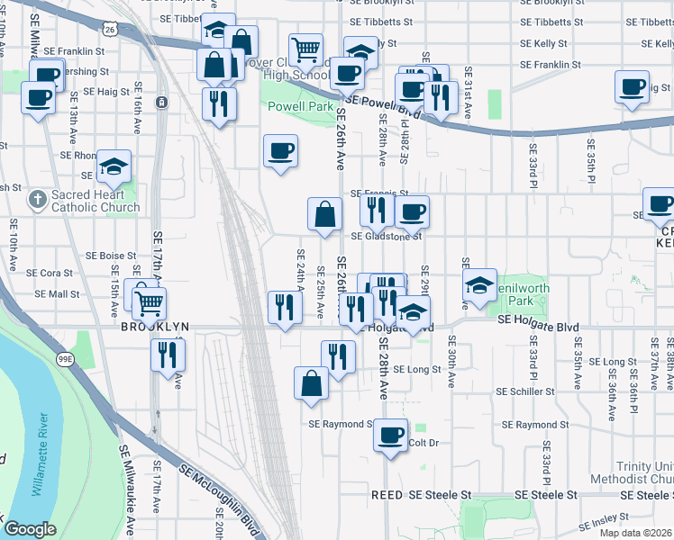 map of restaurants, bars, coffee shops, grocery stores, and more near 2579 Southeast Cora Street in Portland