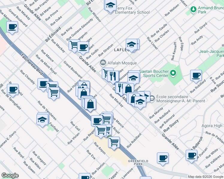 map of restaurants, bars, coffee shops, grocery stores, and more near 3650 Grande Allée in Longueuil
