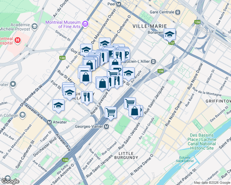 map of restaurants, bars, coffee shops, grocery stores, and more near 1077 Saint Mathieu Street in Montreal