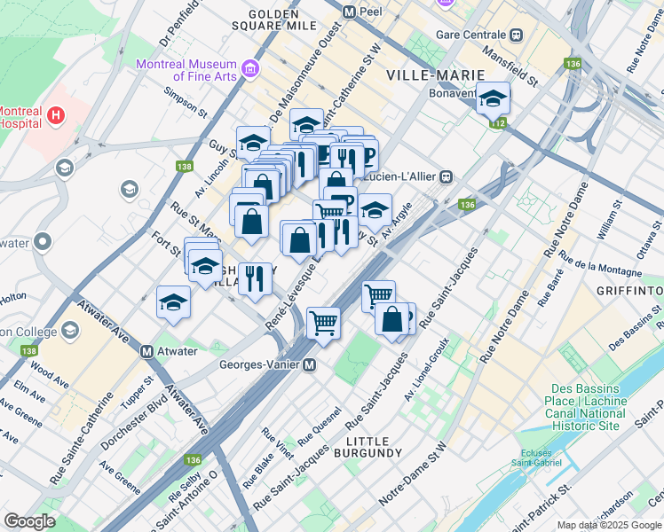 map of restaurants, bars, coffee shops, grocery stores, and more near 1055 Rue Saint Mathieu in Montreal